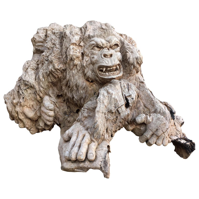 Ancient sculpture monkey in a root, hardwood, circa 1950, can be an