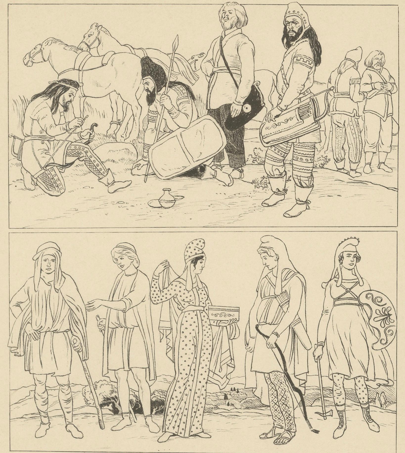 Allemand Scythes anciens et costumes d'Asie mineure - Estampe ethnographique ancienne, c.1905 en vente