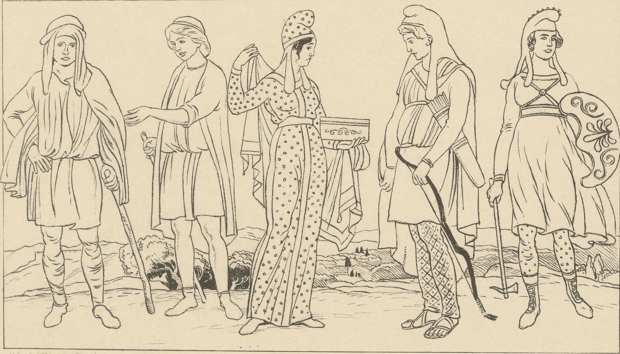 Début du 20ème siècle Scythes anciens et costumes d'Asie mineure - Estampe ethnographique ancienne, c.1905 en vente