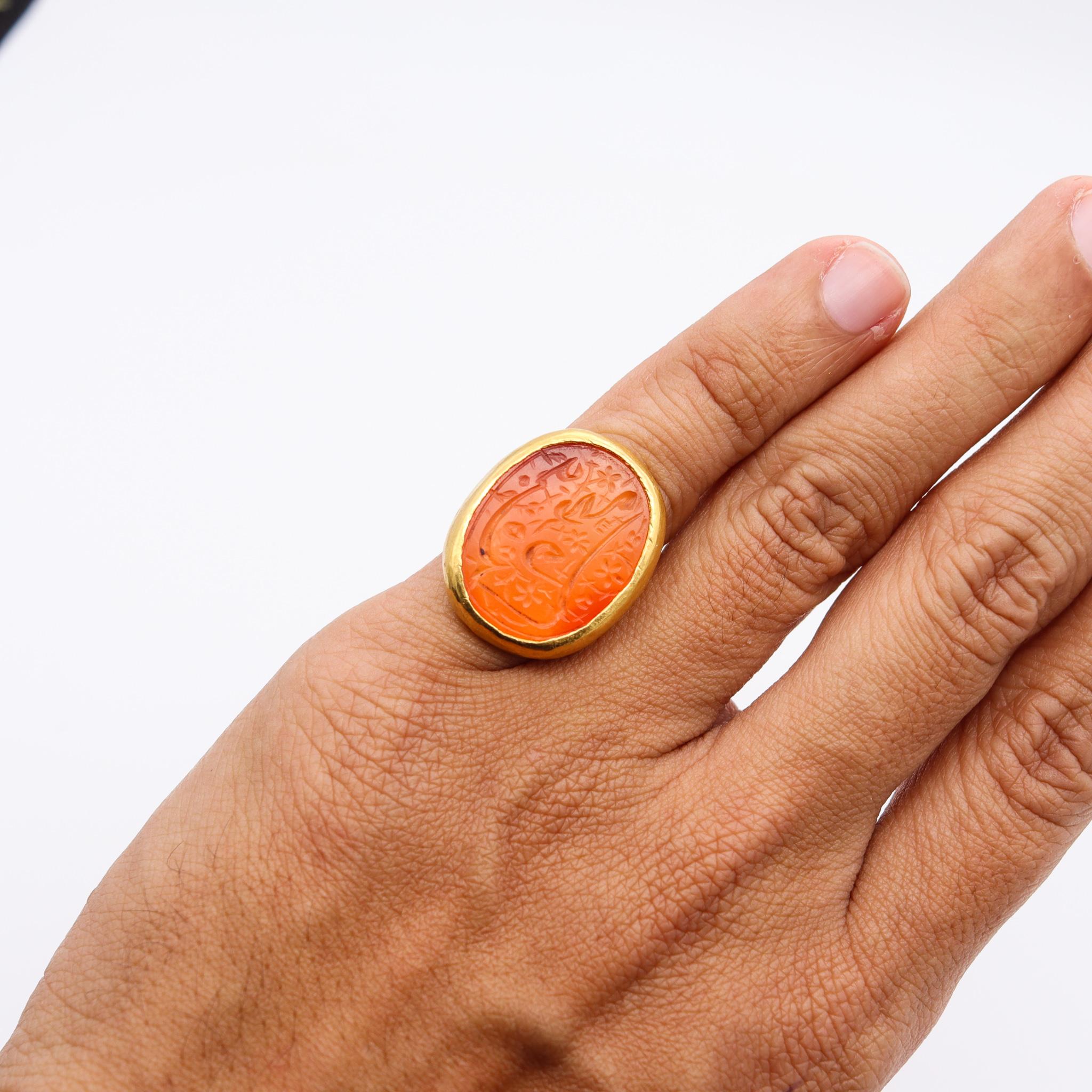 Cabochon Ancient Seal Ring In Hammered 18Kt Yellow Gold With Carved Carnelian Intaglio For Sale