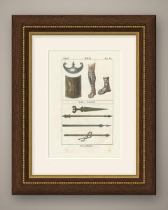 Ancient Shields, Footwear and Offensive Weapons, Hand Colored Lithograph, 1842