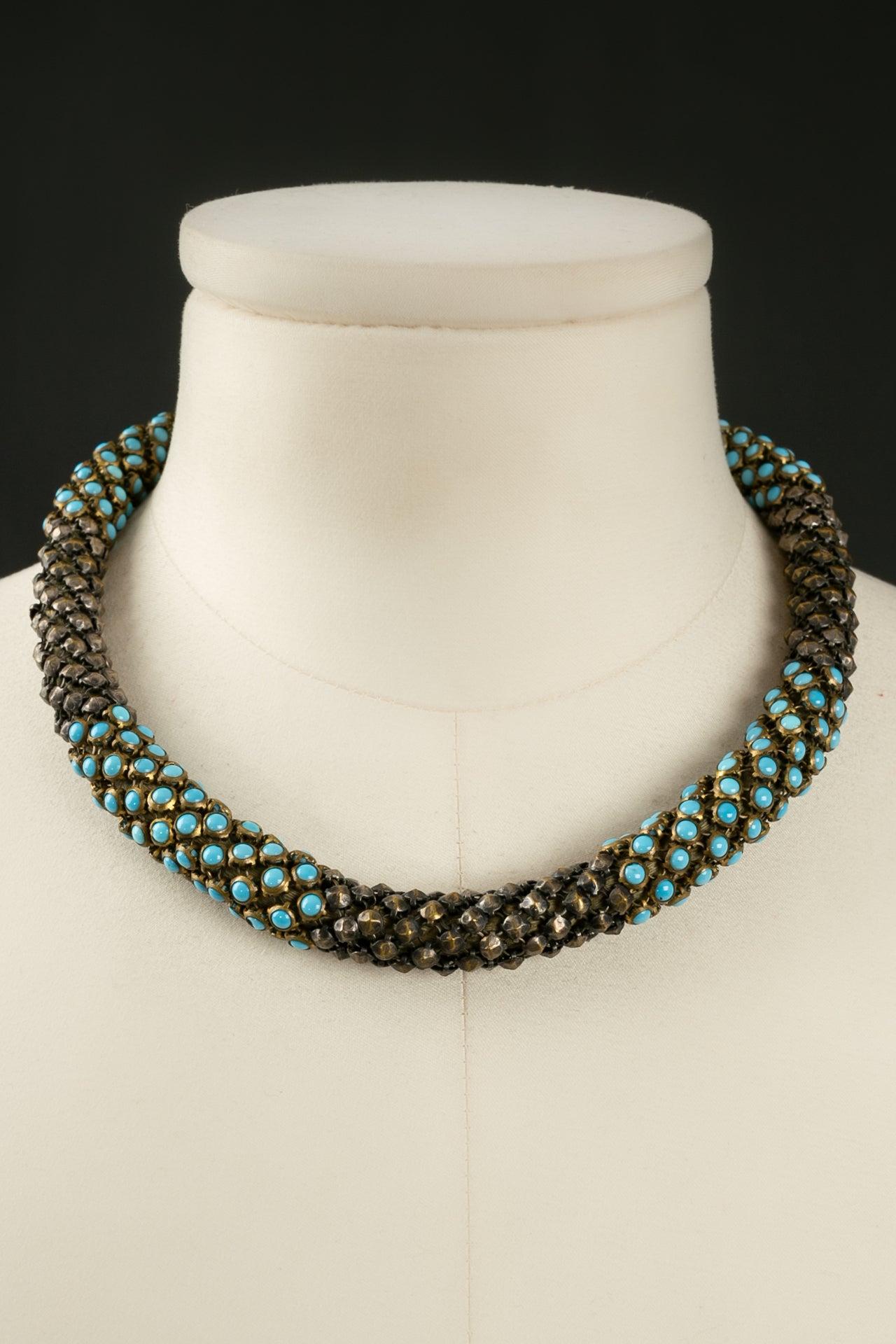 Antica collana corta con cabochon in pasta di vetro blu, anni '30 In condizioni ottime in vendita a SAINT-OUEN-SUR-SEINE, FR