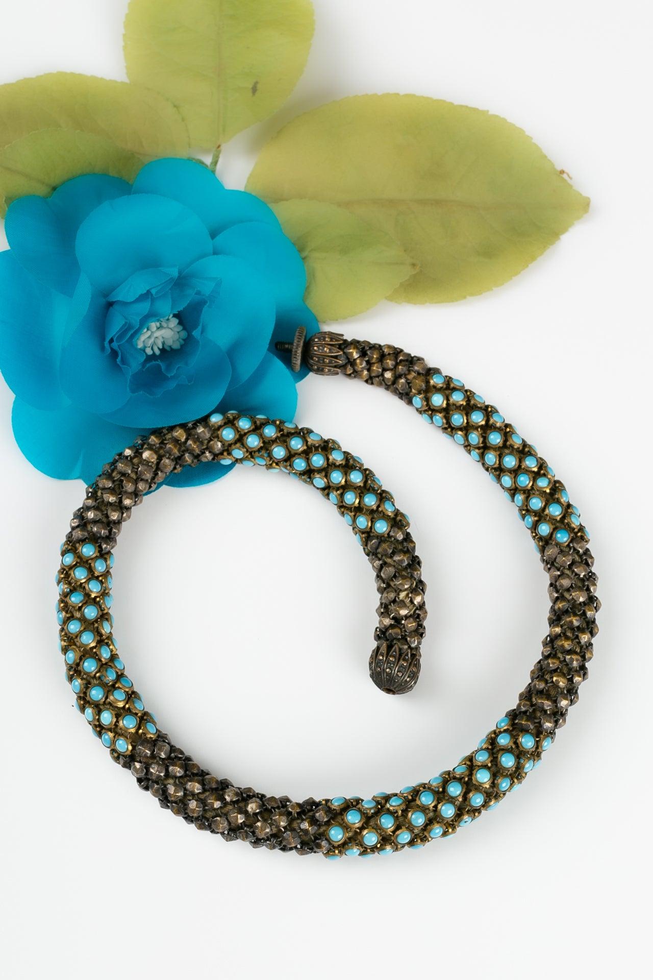 Antica collana corta con cabochon in pasta di vetro blu, anni '30 in vendita 3