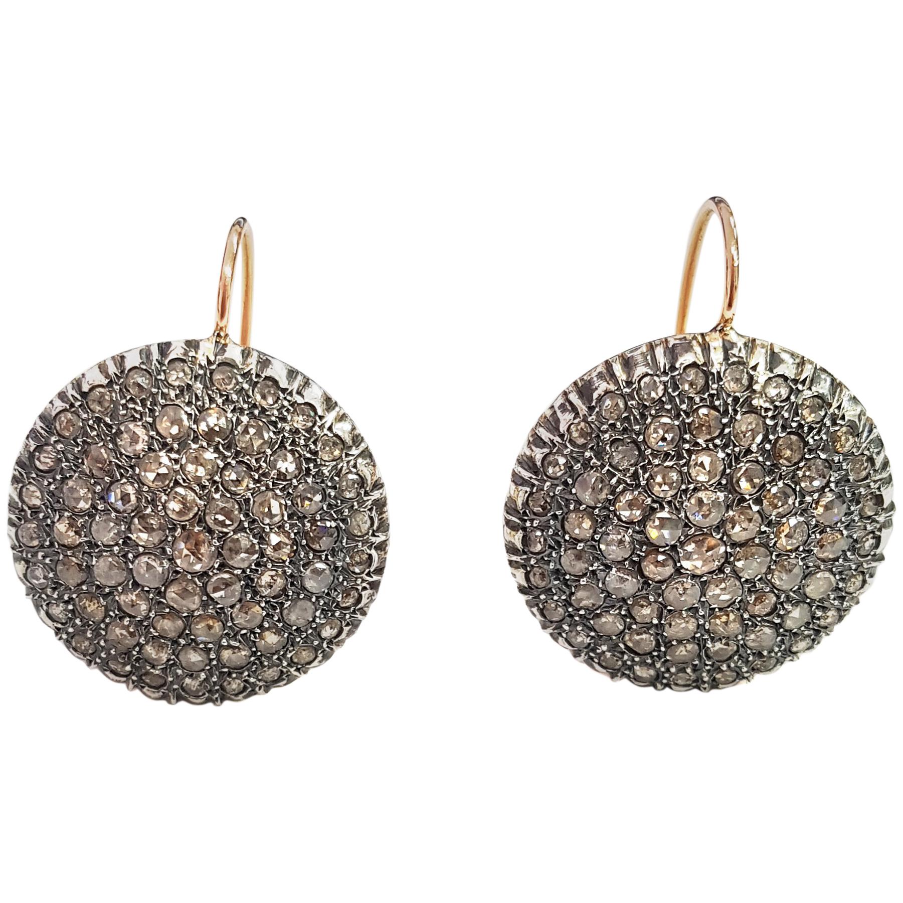 Contemporary 21st Century 9 Karat Rose Gold and Diamond Round Cesellato Drop Earrings For Sale