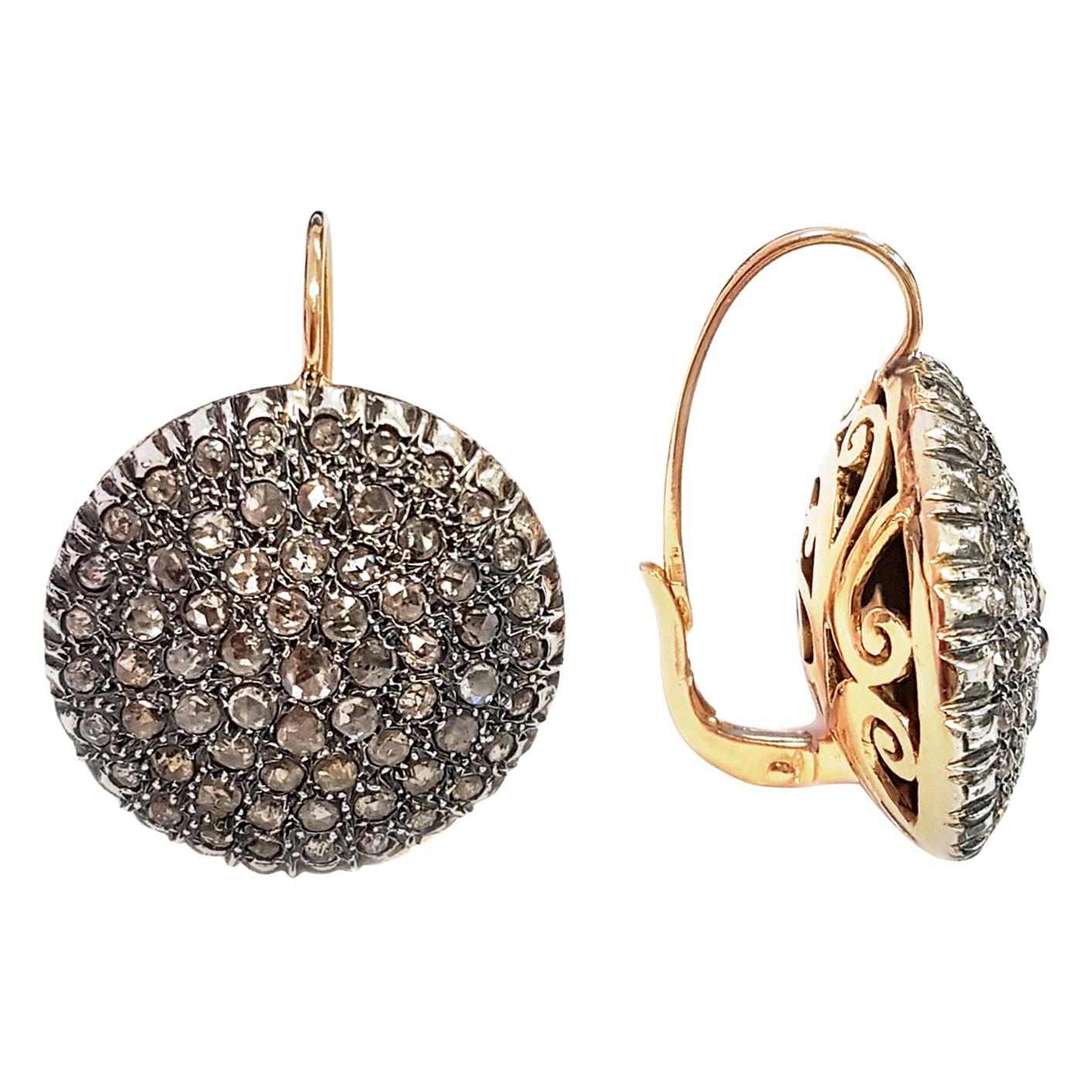 21st Century 9 Karat Rose Gold and Diamond Round Cesellato Drop Earrings For Sale