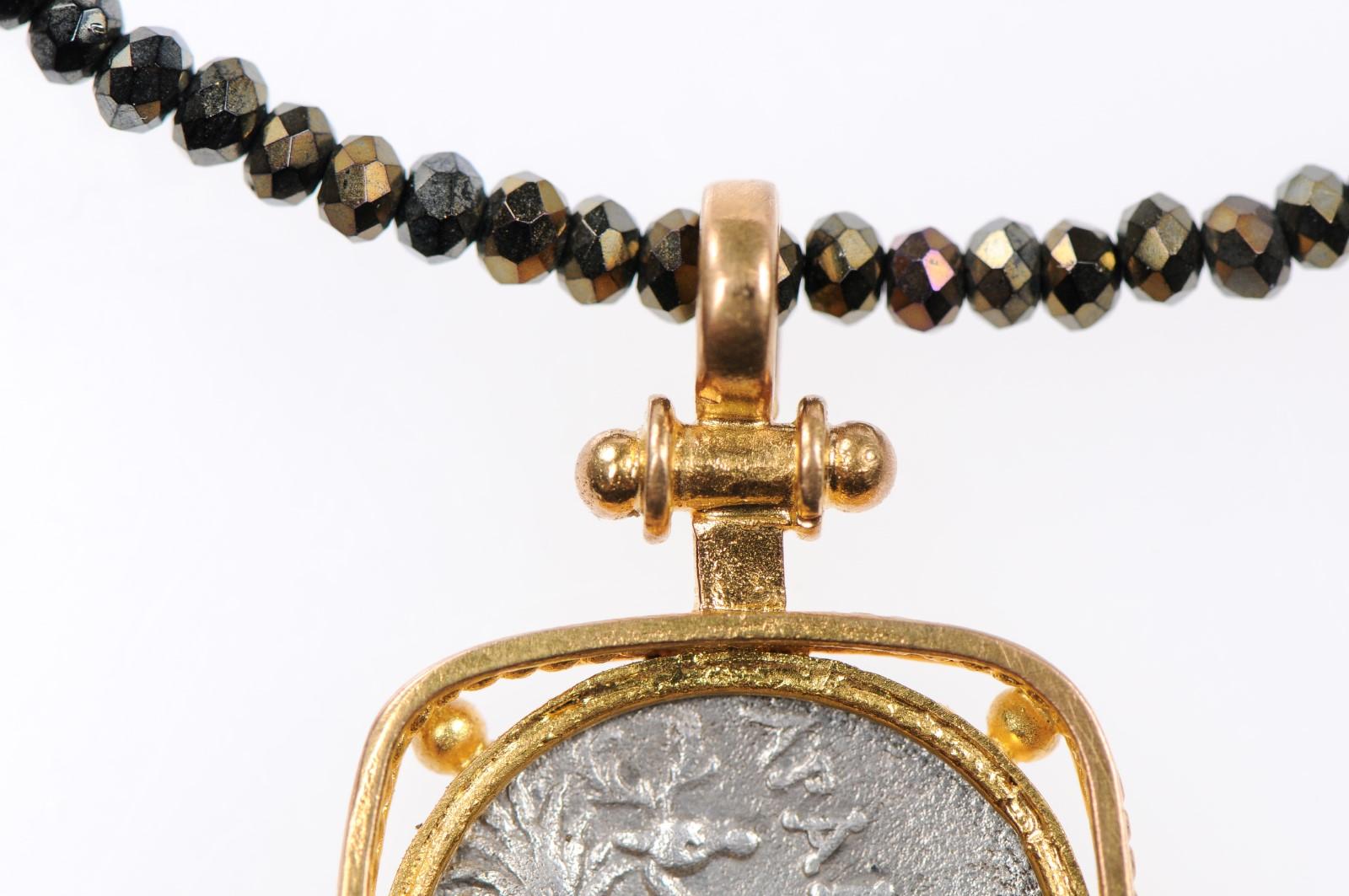 Ancient Silver AR Drachm Bee & Stag Coin in a 22kt Gold Artisan Created Pendant 4
