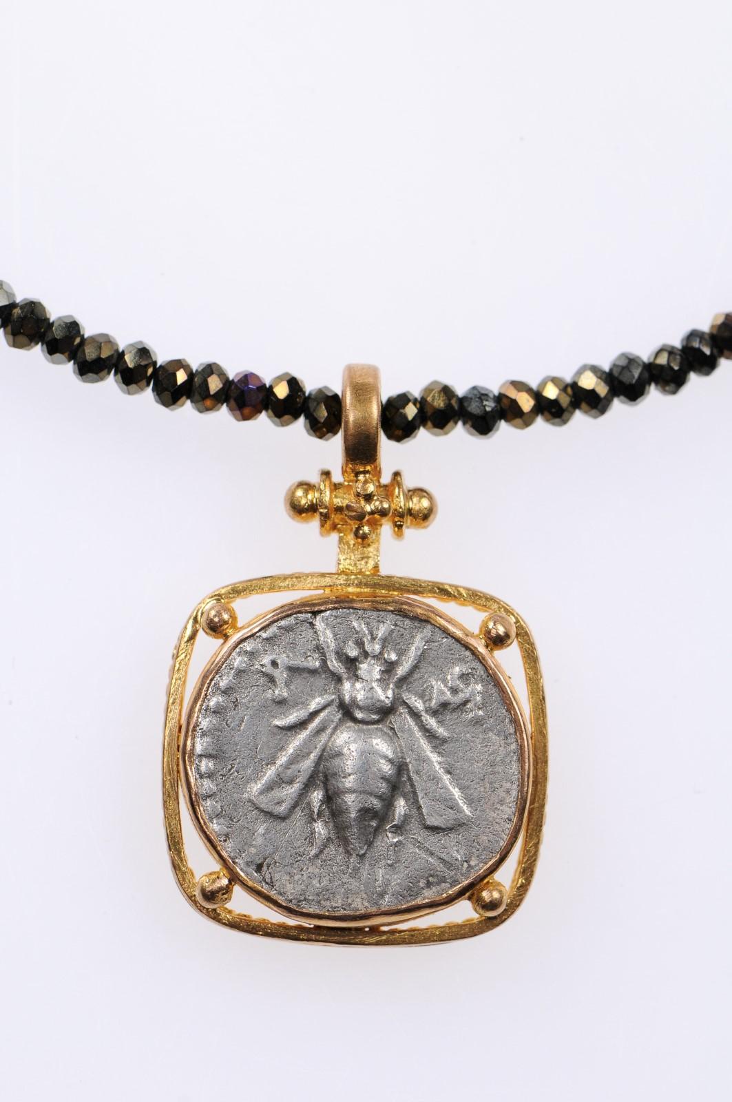 Turkish Ancient Silver AR Drachm Bee & Stag Coin in a 22kt Gold Artisan Created Pendant