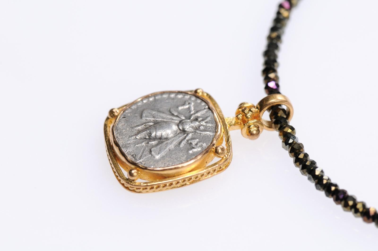 18th Century and Earlier Ancient Silver AR Drachm Bee & Stag Coin in a 22kt Gold Artisan Created Pendant
