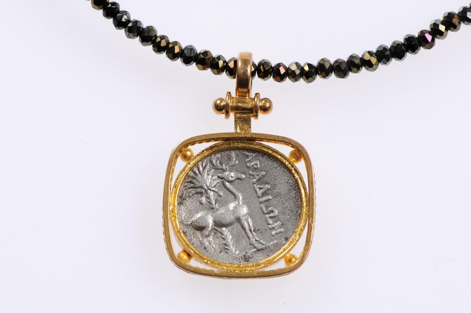 Ancient Silver AR Drachm Bee & Stag Coin in a 22kt Gold Artisan Created Pendant 2