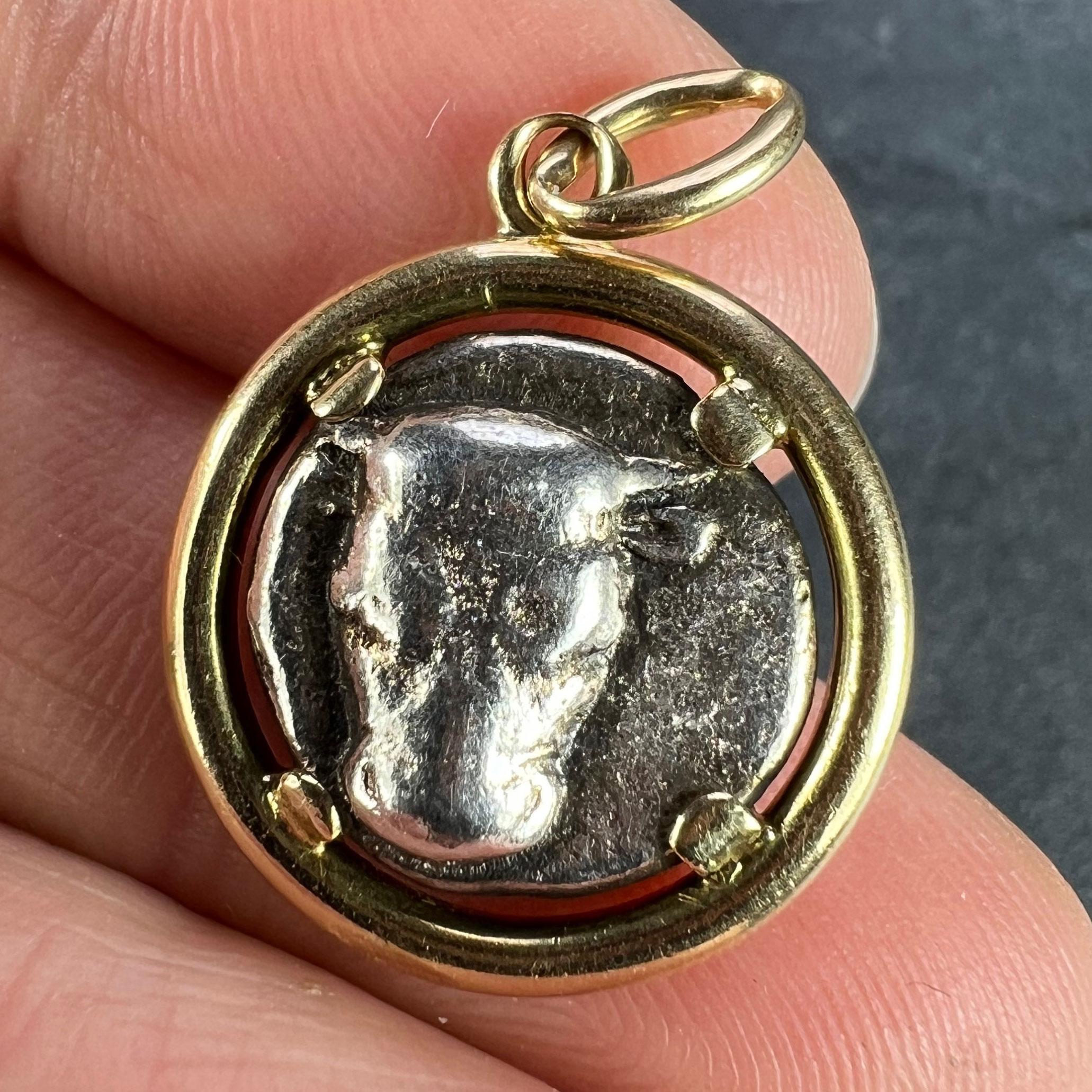 Pendentif en argent ancien avec tête de taureau et pièce de monnaie grecque Artemis en or jaune 18K en vente 1