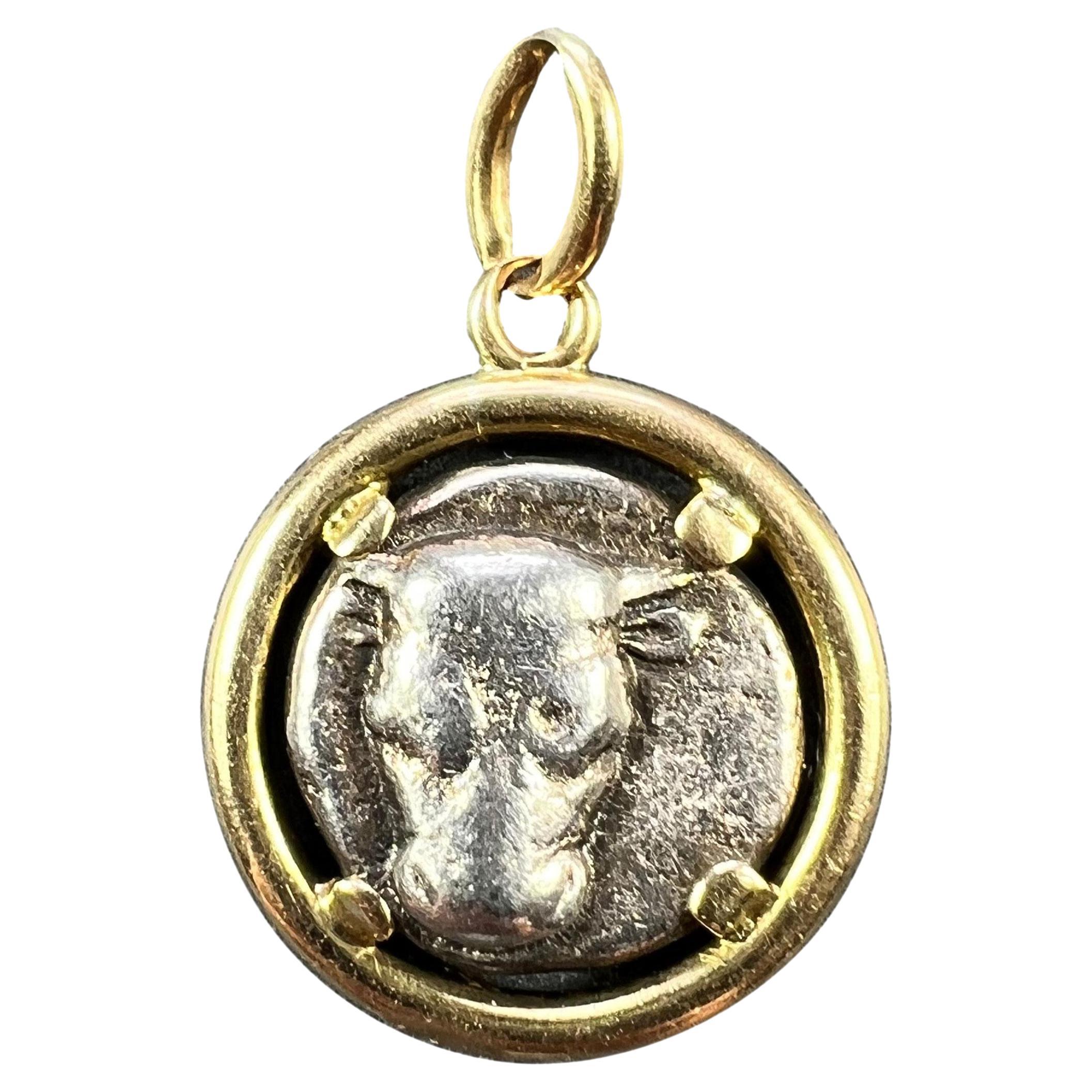 Ancient Silver Bull Head and Artemis Greek Coin in 18K Yellow Gold Frame Pendant