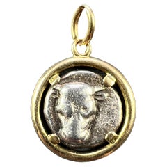 Colgante de plata antigua con cabeza de toro y moneda griega de Artemisa en marco de oro amarillo de 18 quilates