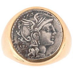 Antique Ancient Silver Coin, 18 Karat Gold Ring