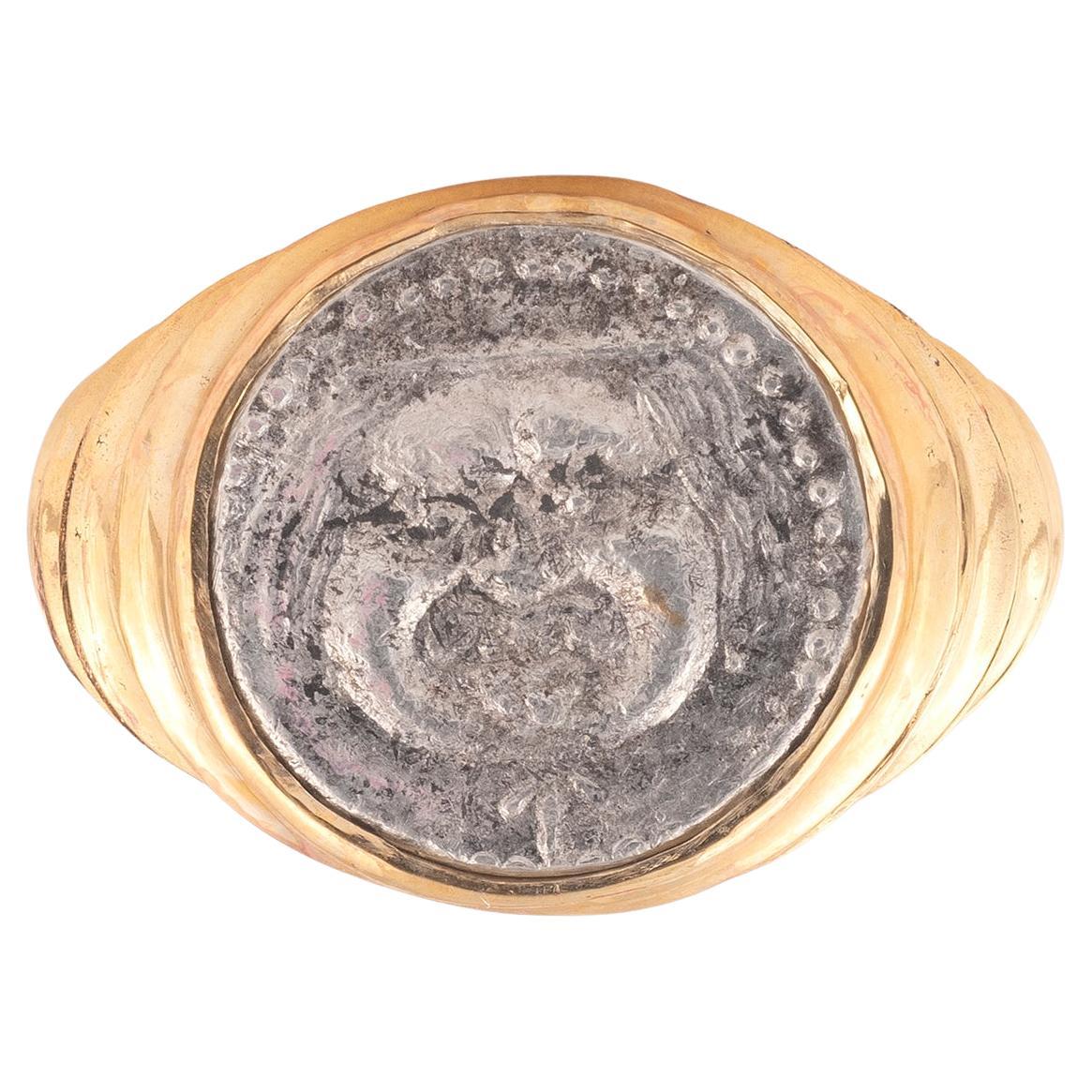 Women's or Men's Ancient Silver Coin Medusa Gold Ring For Sale