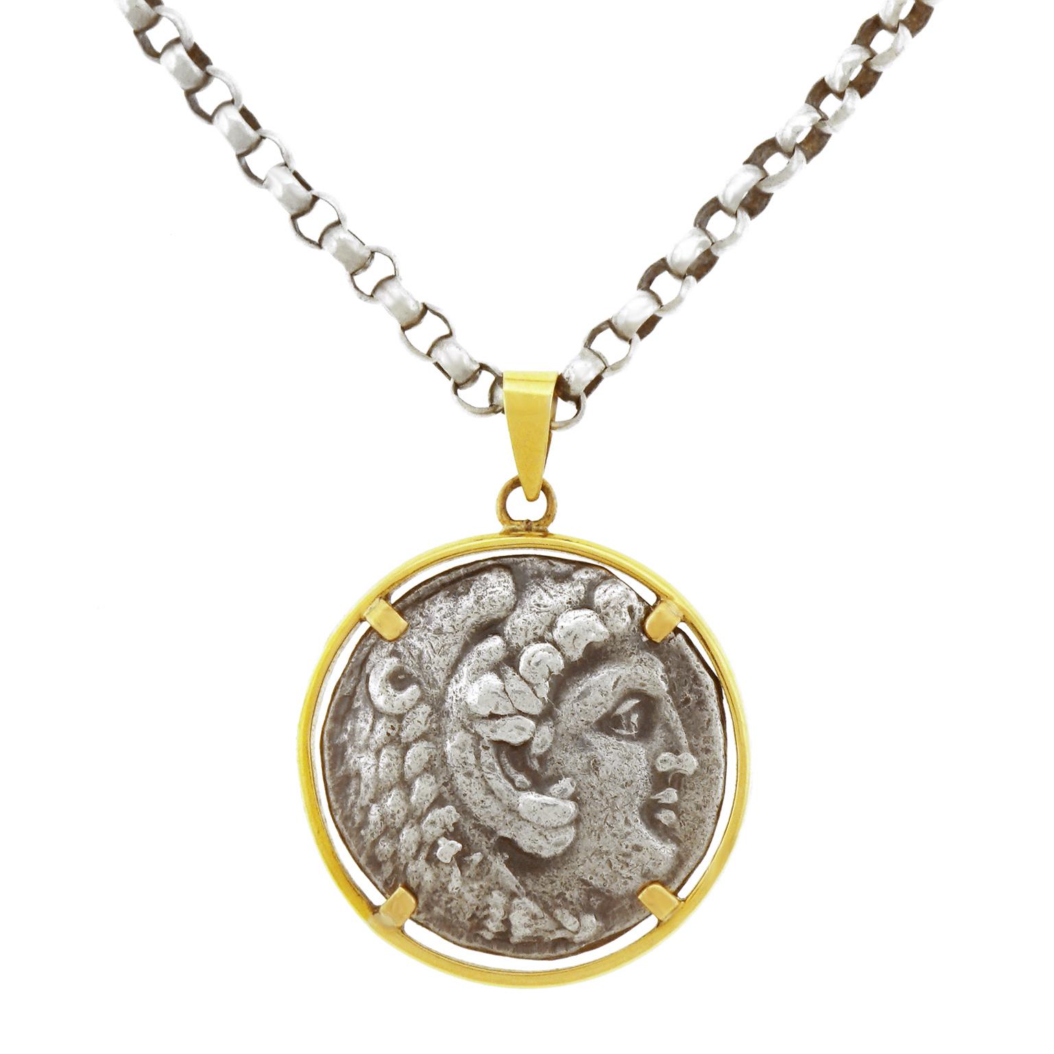 Ancient Silver Coin Set Gold Pendant Necklace 6