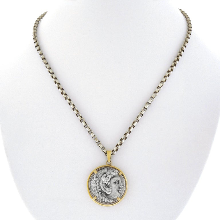 Ancient Silver Coin Set Gold Pendant Necklace at 1stDibs