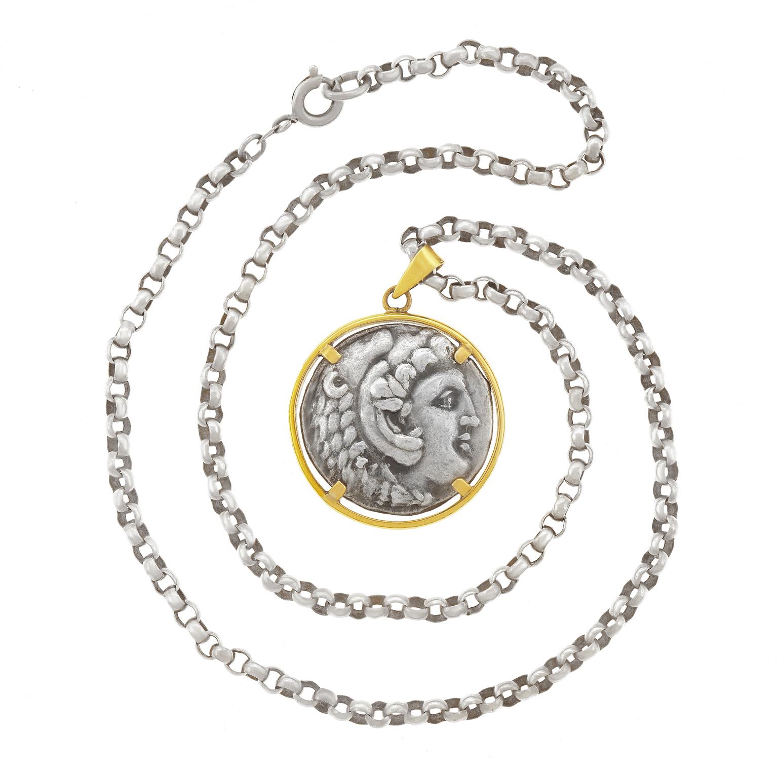 Ancient Silver Coin Set Gold Pendant Necklace 2