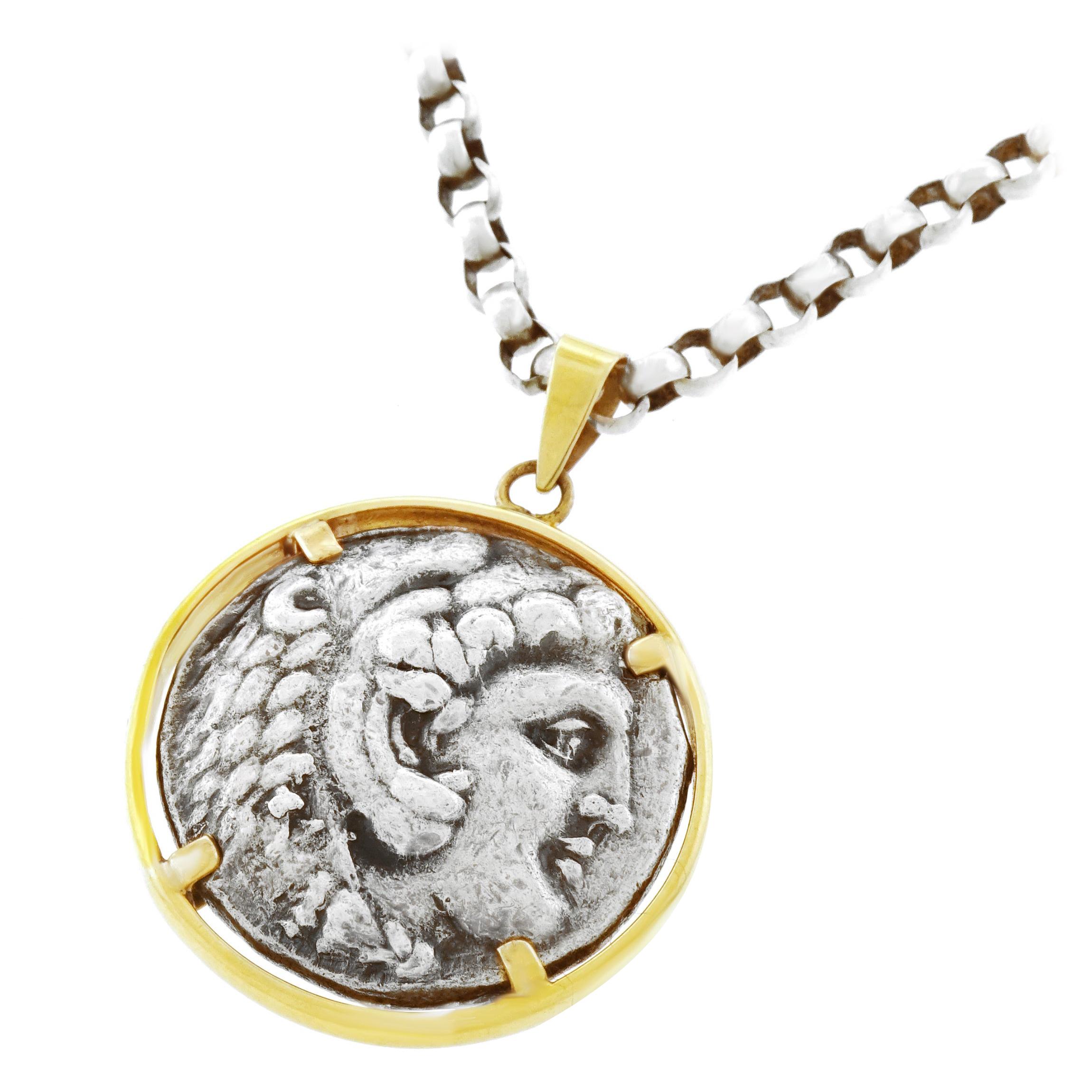 Ancient Silver Coin Set Gold Pendant Necklace