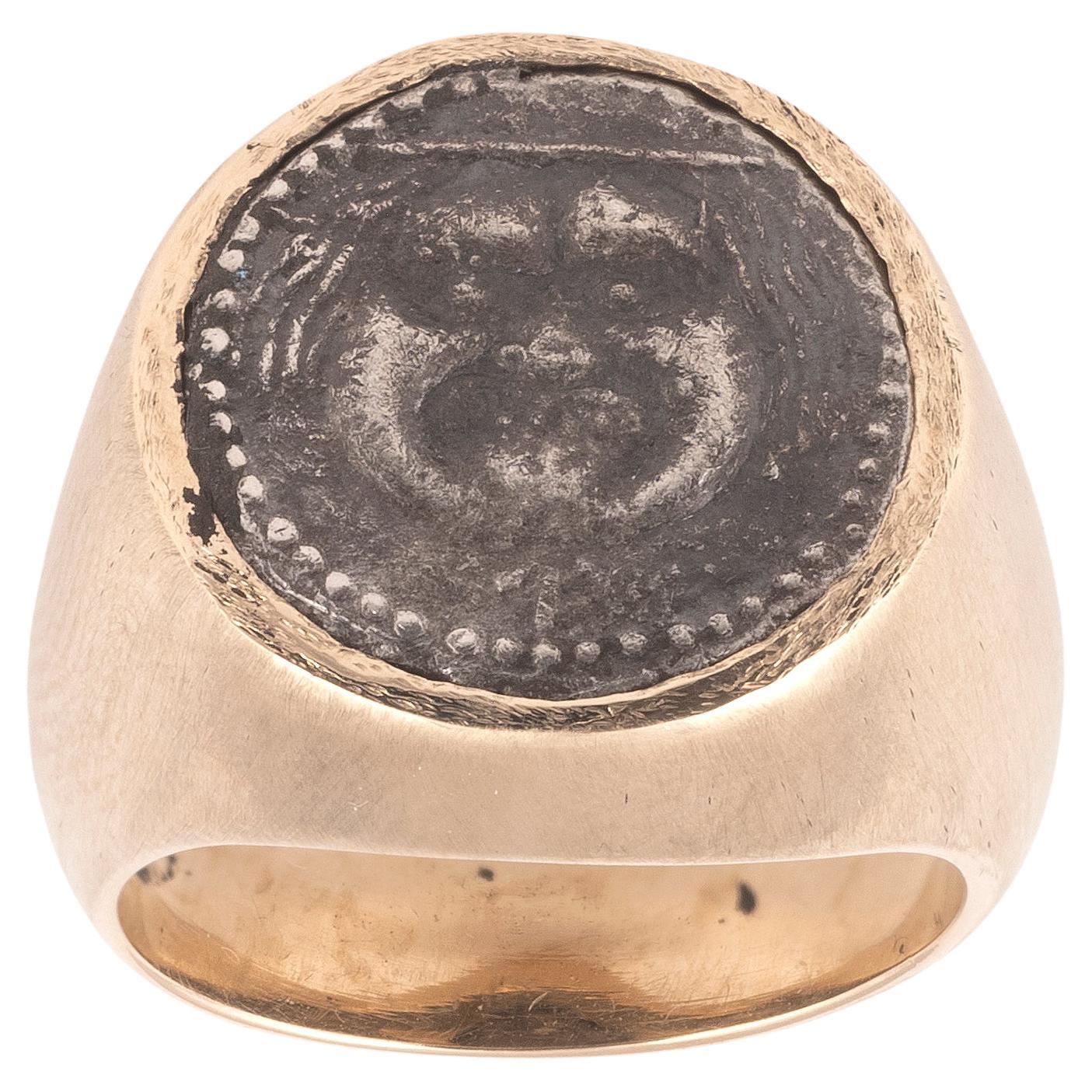 Women's or Men's Ancient Silver Coin With A Gorgon Head Ring For Sale