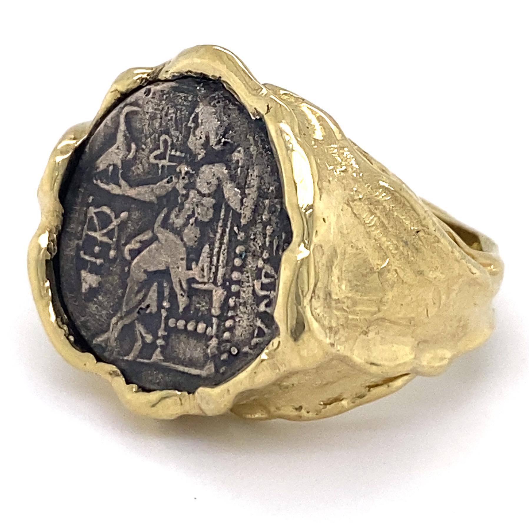 Ancient Silver Drachm Zeus/Heracles Coin in 18 Karat Gold "Papier Mâché" Ring