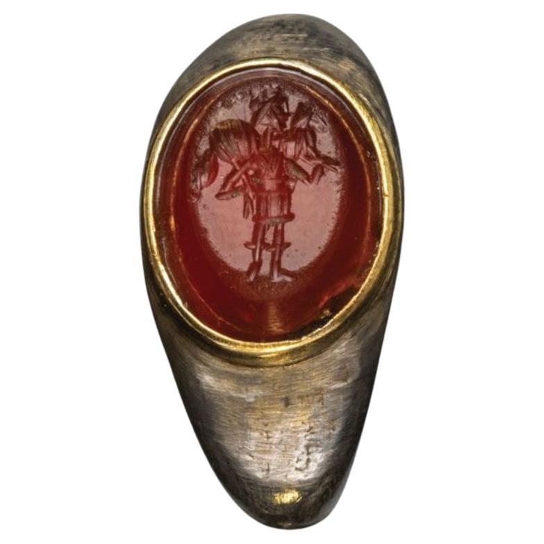 Ancient Silver Gold and Carnelian Intaglio Mens Ring Circa 3nd Century AD