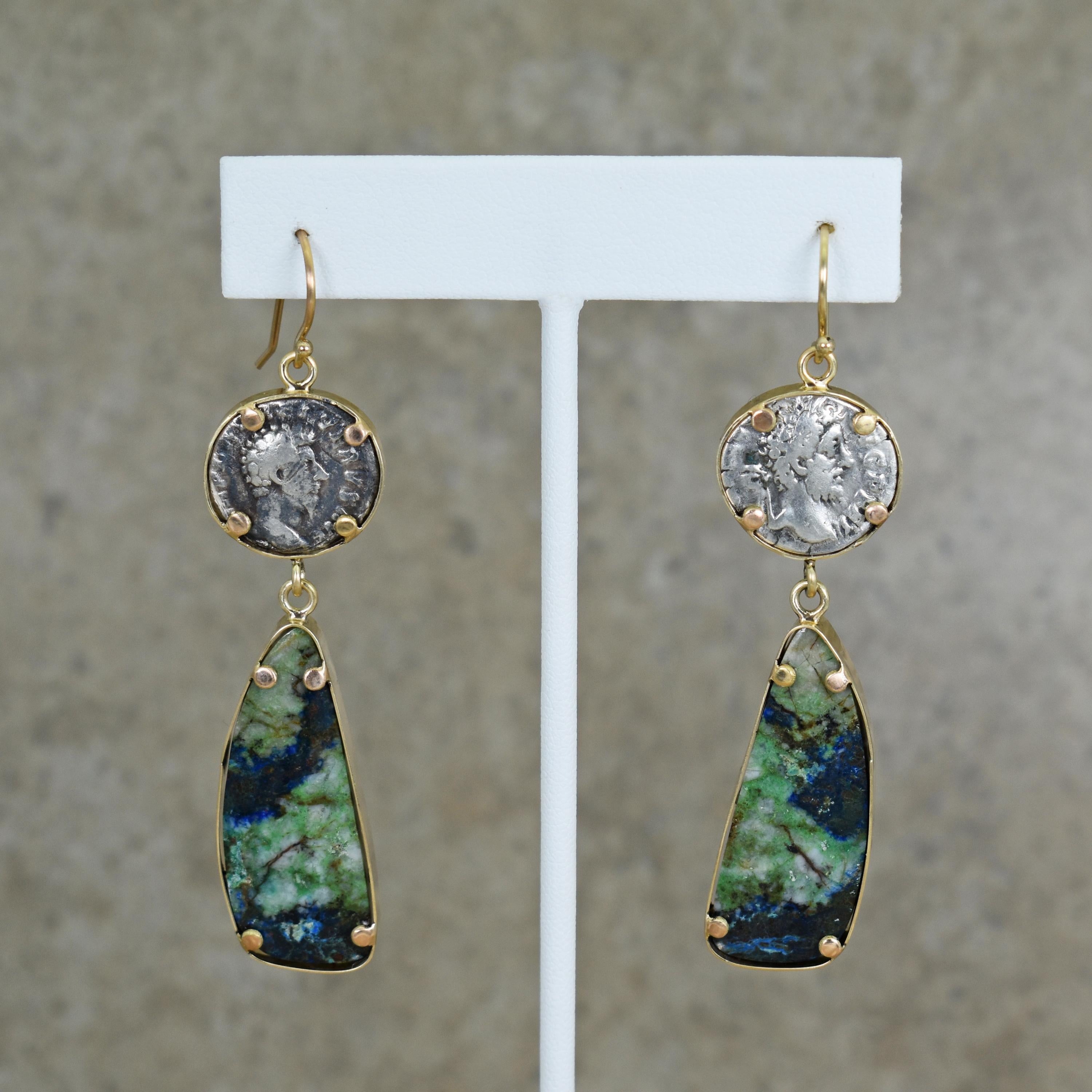Ancient silver Greek coins and Chrysocolla Azurite 18k yellow gold two-tier dangle earrings. Dangle Earrings are 2.88 inches in length. Gorgeous, unique gemstones and a little piece of history in these contemporary earrings.