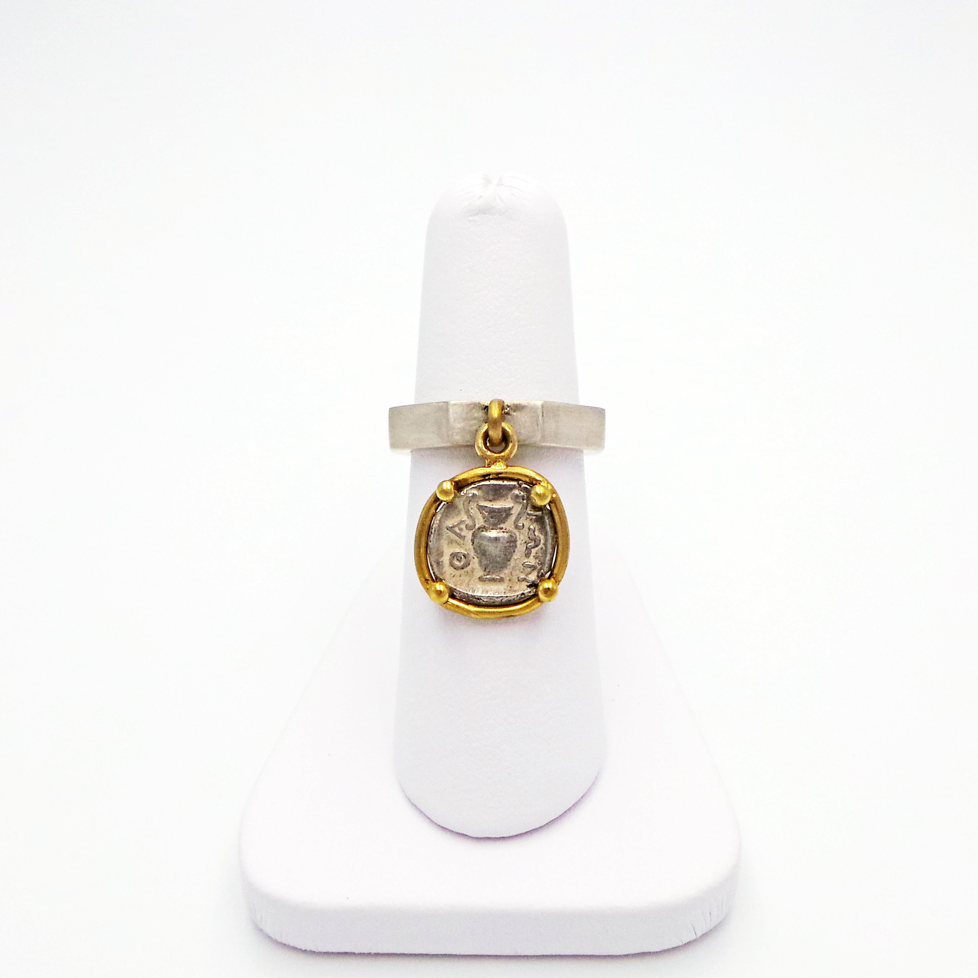 Contemporary Ancient Silver Greek Coin Flip Charm Ring