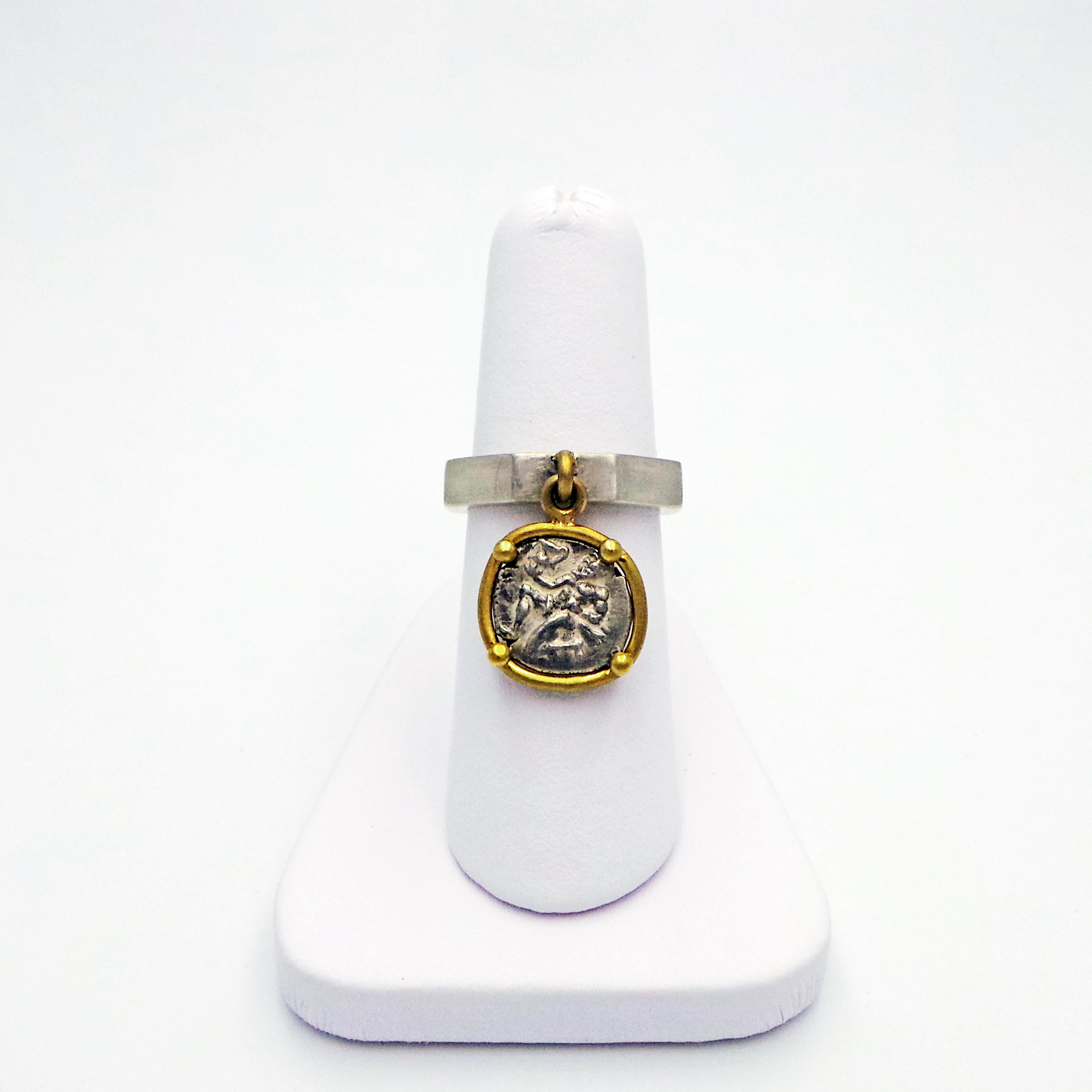 Ancient Silver Greek Coin Flip Charm Ring In New Condition In Naples, FL