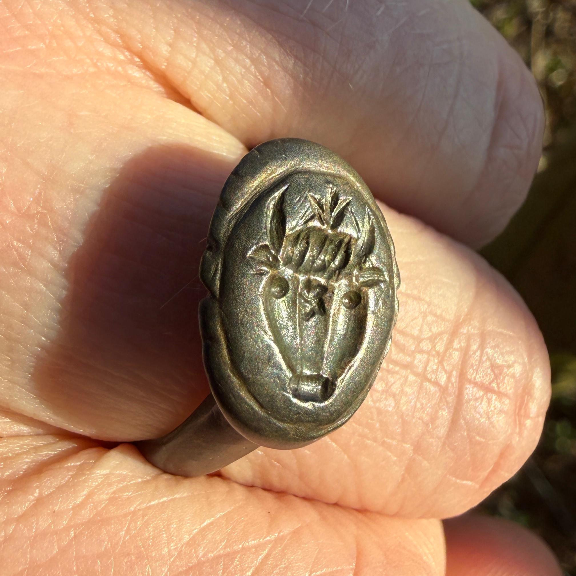 Ancient silver ring with an intaglio bucranium motif. Roman, 4th–5th ...