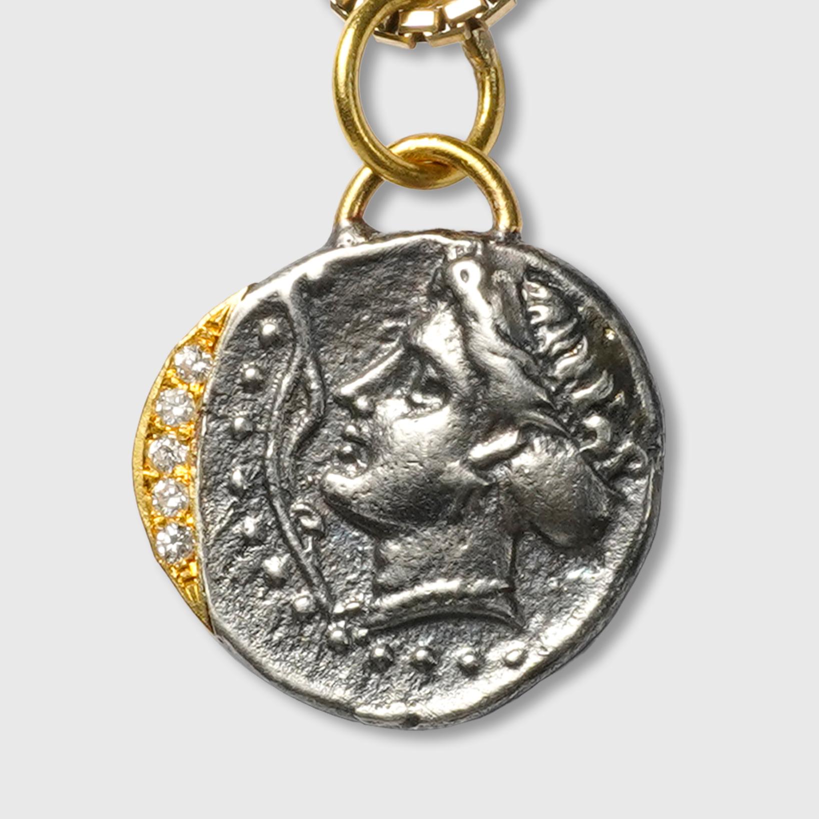 Classical Greek Ancient Sinope Water Nymph Coin Replica Charm Pendant, 24K Gold Silver Diamonds For Sale