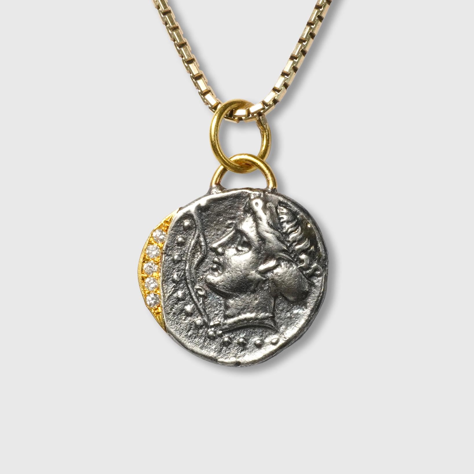 Round Cut Ancient Sinope Water Nymph Coin Replica Charm Pendant, 24K Gold Silver Diamonds For Sale