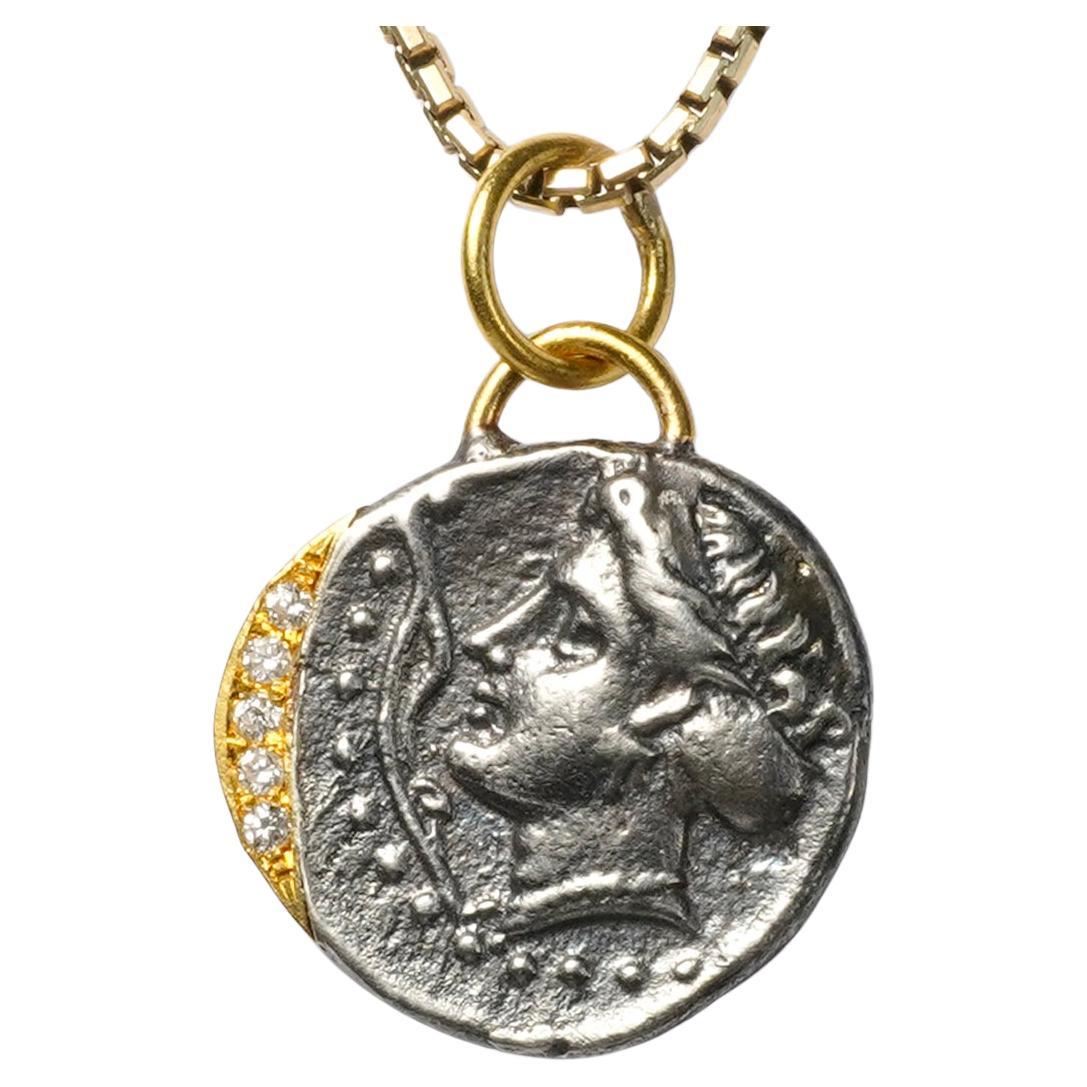 Ancient Sinope Water Nymph Coin Replica Charm Pendant, 24K Gold Silver Diamonds