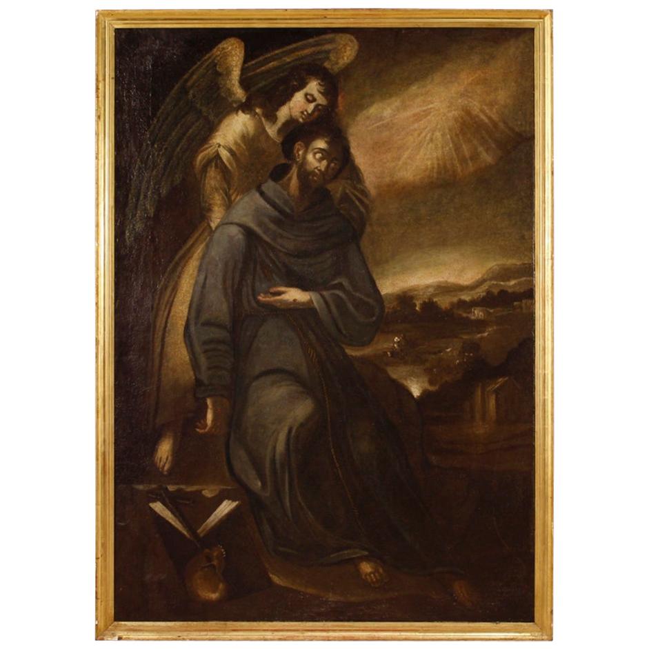 Ancient Spanish Religious Painting Saint Francis with an Angel, 17th Century For Sale