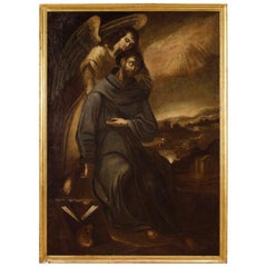 Ancient Spanish Religious Painting Saint Francis with an Angel, 17th Century