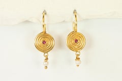 Ruby and Pearl Spiral Earrings in 22K Yellow Gold