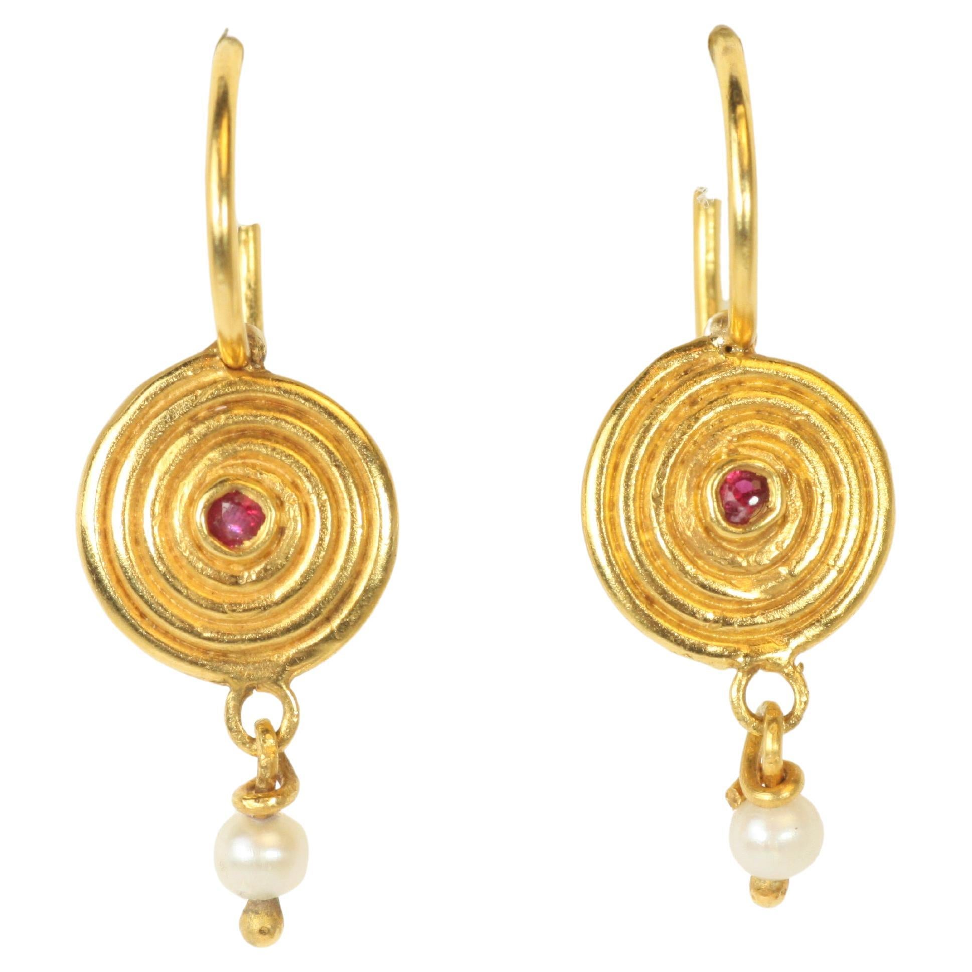 Ancient Spiral Swirl Dangle Earrings - Ruby & Pearl in 22K Yellow Gold Handmade