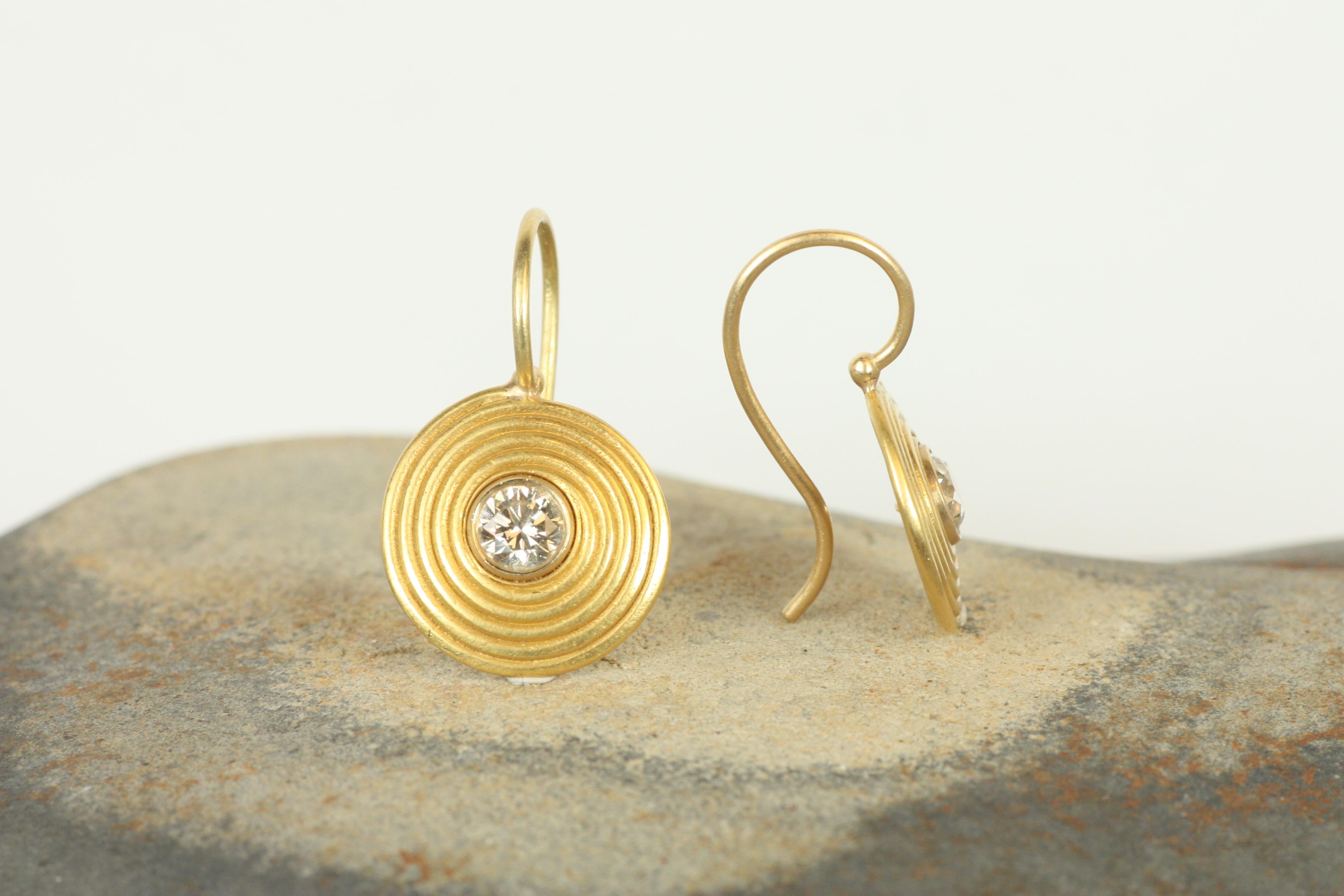Round Cut Ancient Spiral Swirl Drop Earrings - Champagne Diamonds in 22K Yellow Gold For Sale