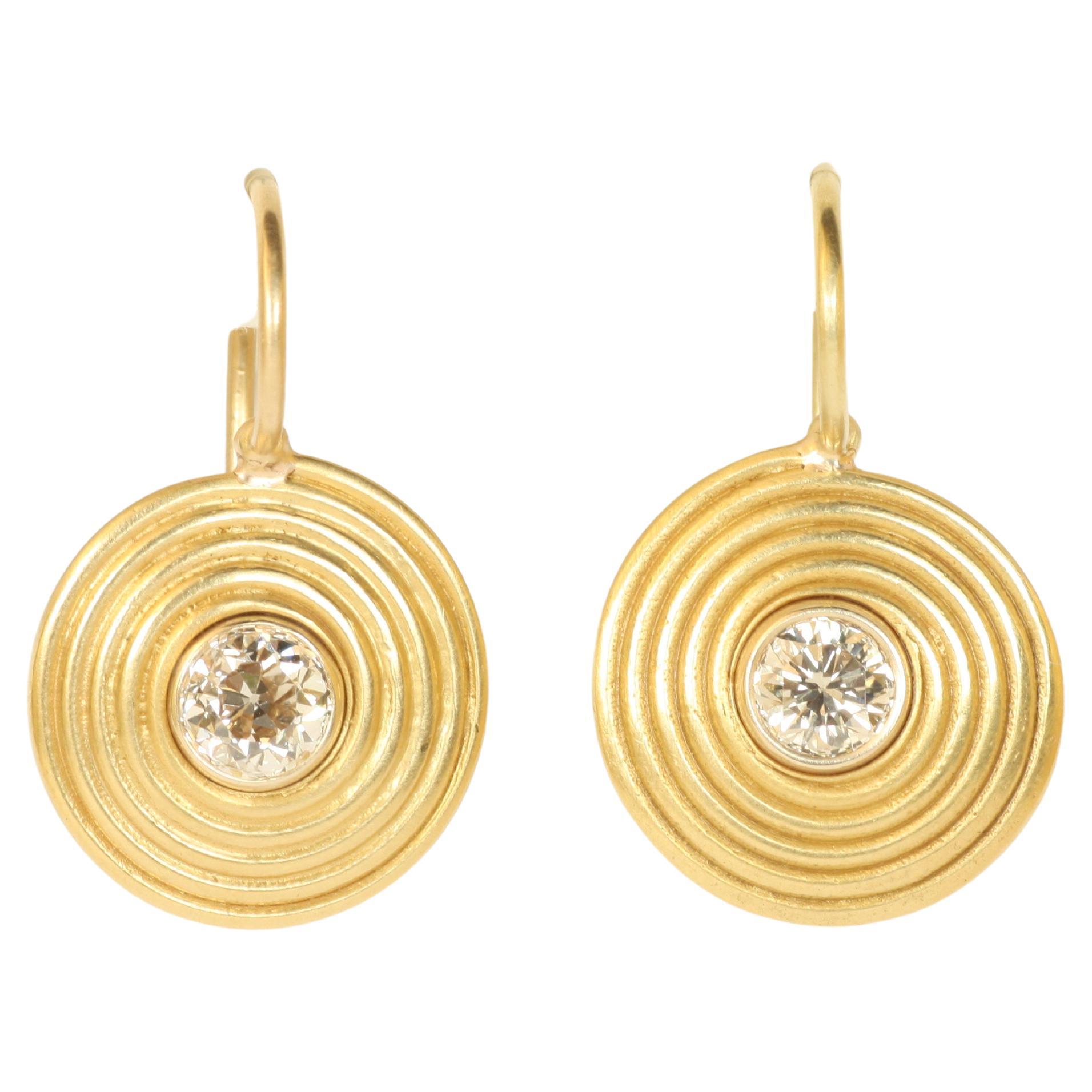 Pendientes Colgantes Espiral Antigua - Diamantes Champán en Oro Amarillo de 22K