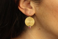 Watermelon Tourmaline Spiral Earrings in 22k Yellow Gold