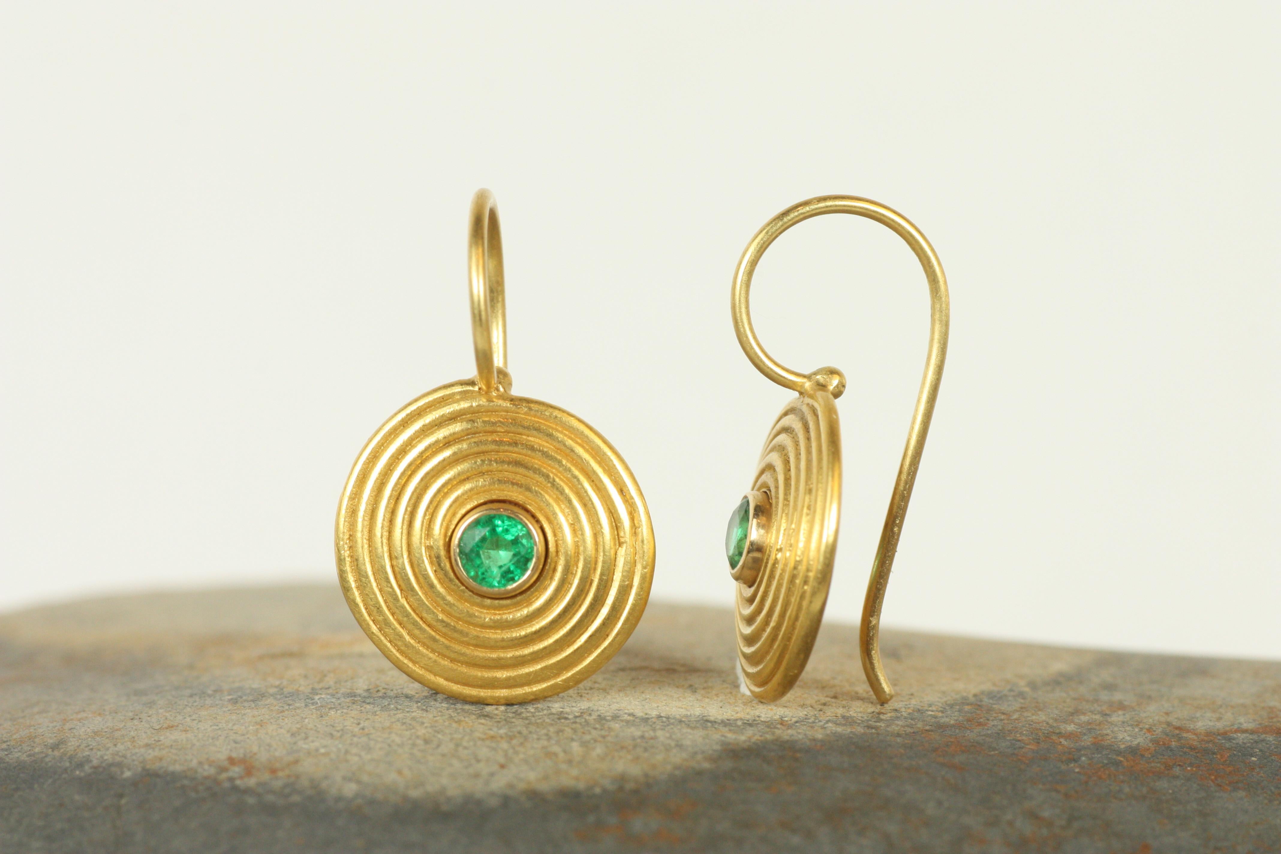 Round Cut Ancient Spiral Swirl Earrings with Emerald in 22k Yellow Gold by Bracken For Sale