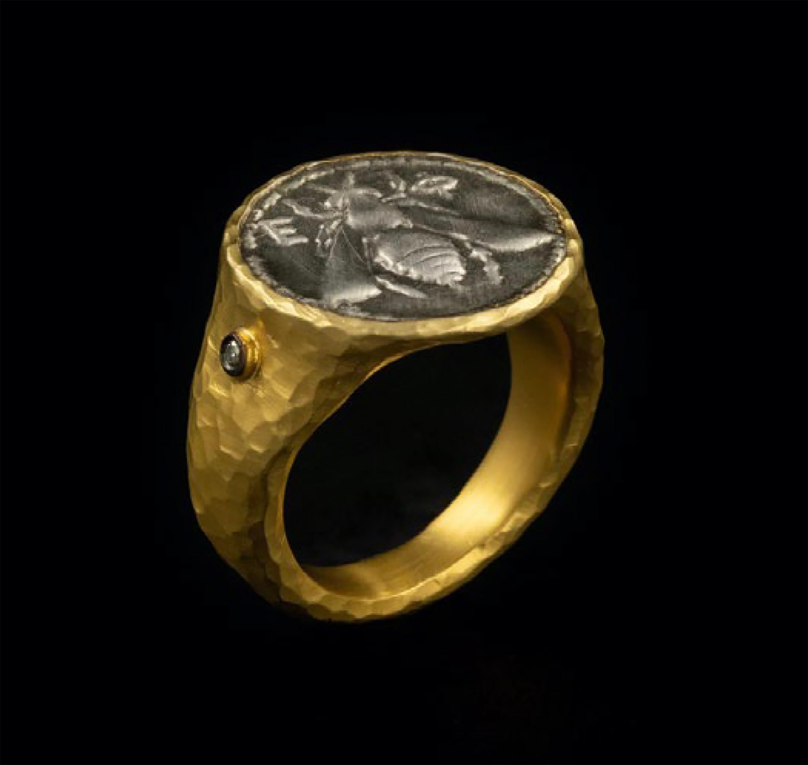 Ancient, Sterling Bee Coin Dome Comfort Fit Ring w/ Diamonds Hammered 24K Gold For Sale 5