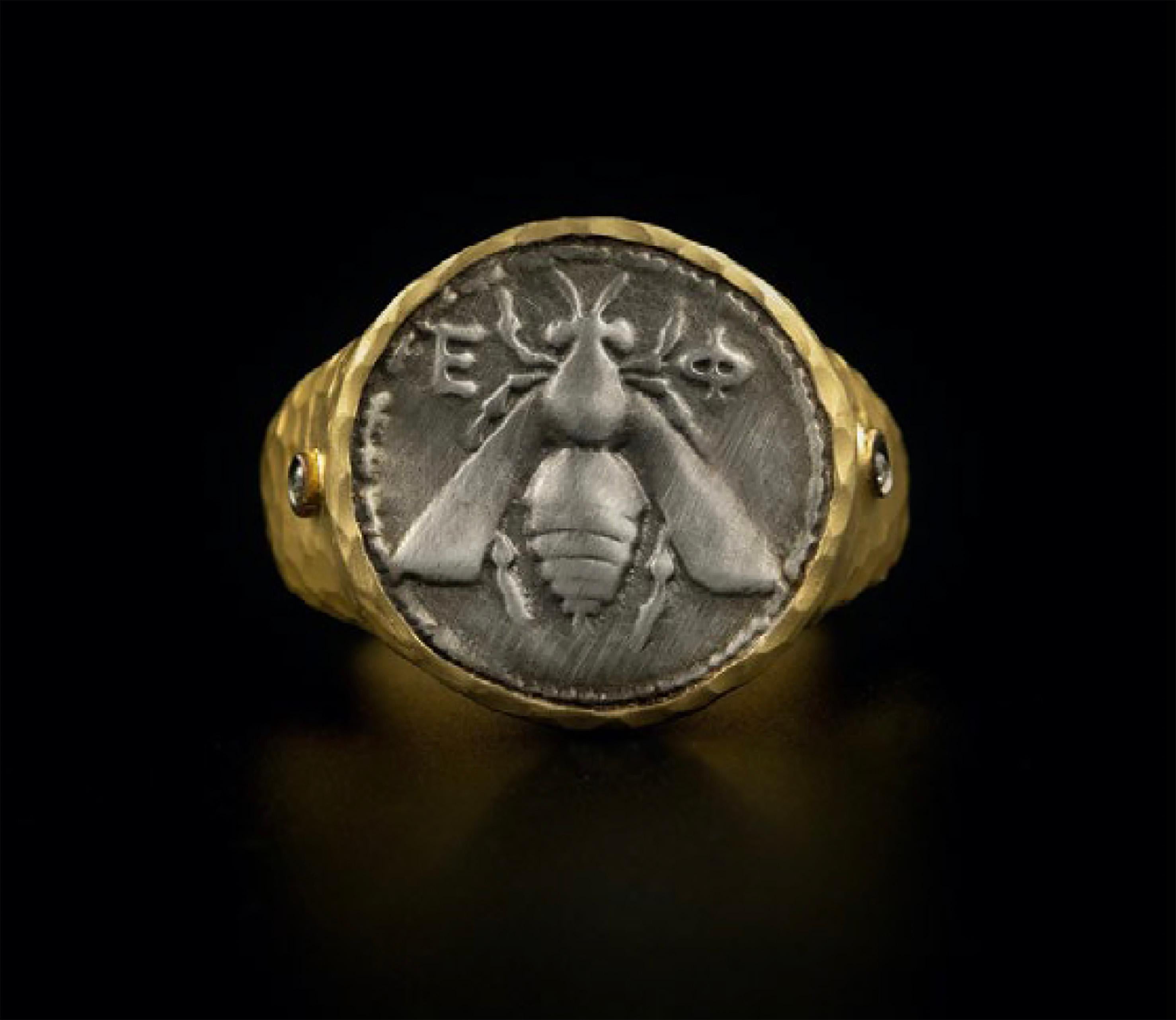 Ancient, Sterling Bee Coin Dome Comfort Fit Ring w/ Diamonds Hammered 24K Gold For Sale 6