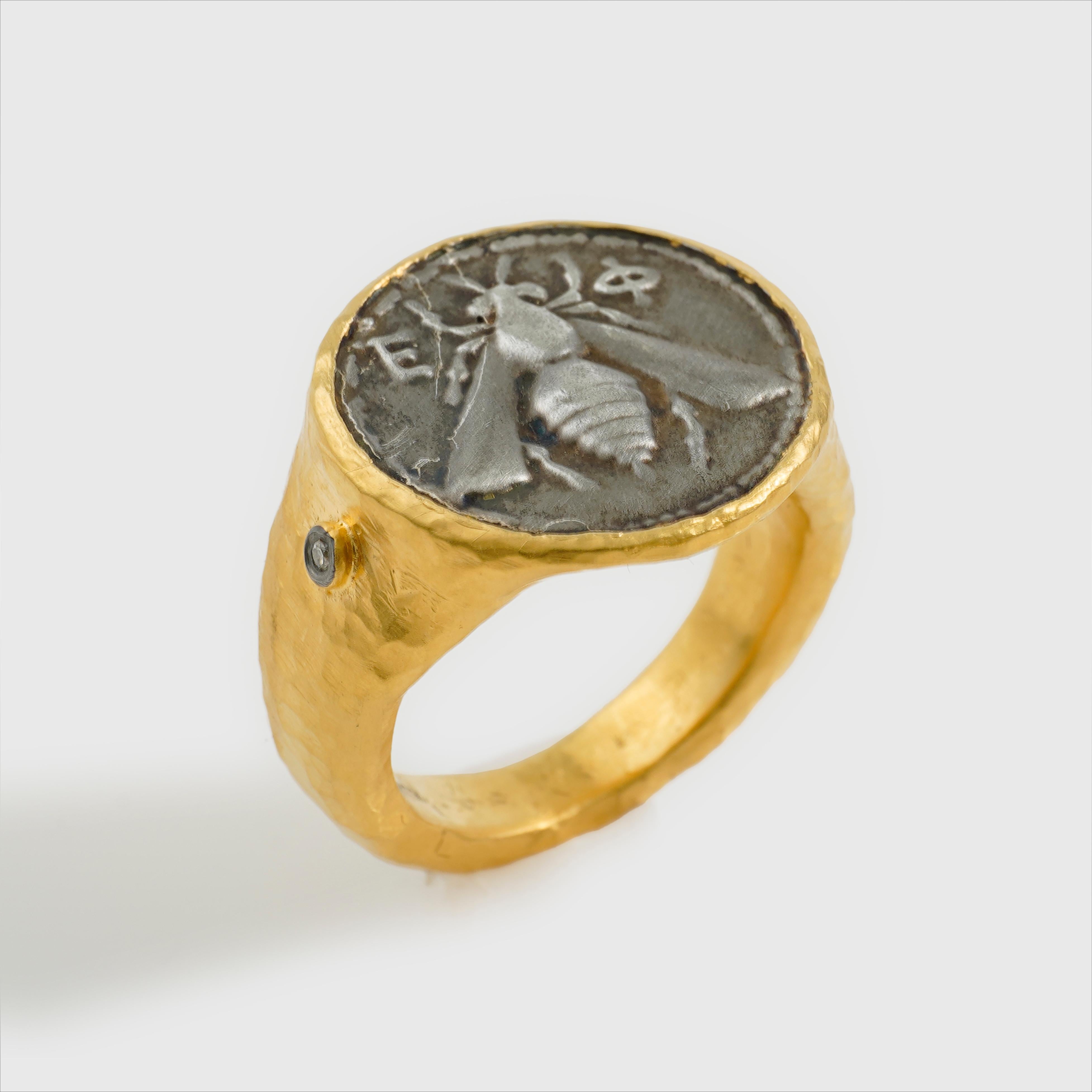 Ancient, Sterling Bee Coin Dome Comfort Fit Ring w/ Diamonds Hammered 24K Gold For Sale 8