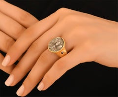 Ancient, Sterling Bee Coin Dome Comfort Fit Ring w/ Diamonds Hammered 24K Gold