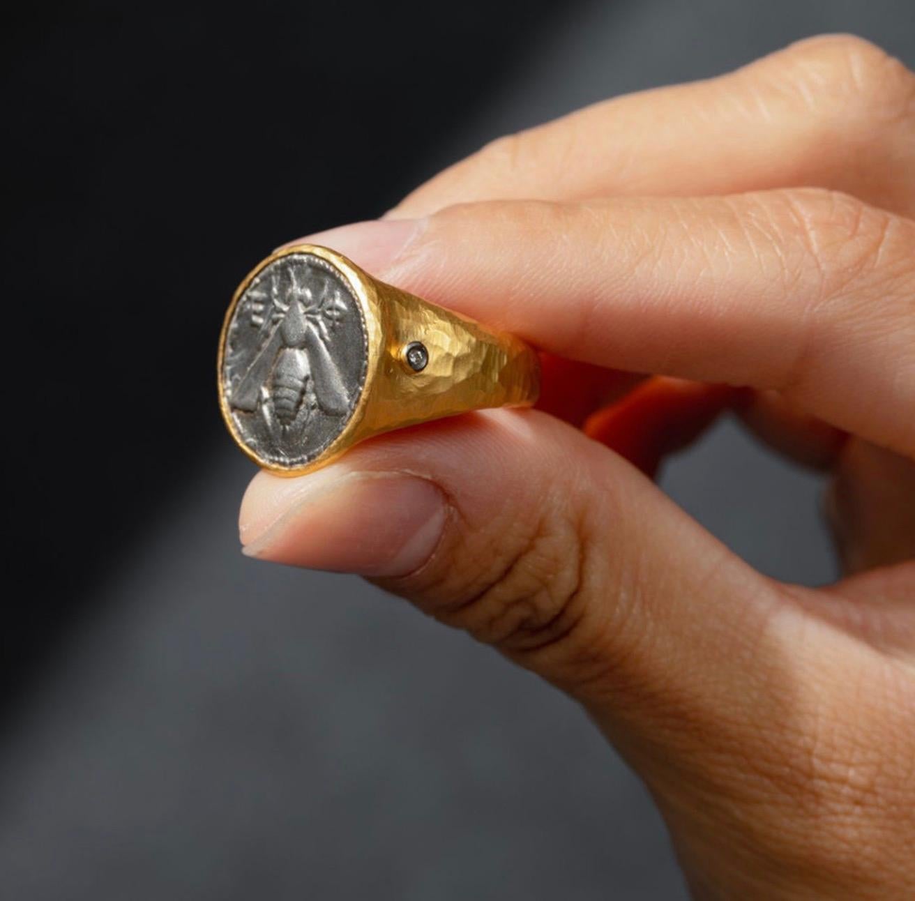 Ancient, Sterling Bee Coin Dome Comfort Fit Ring w/ Diamonds Hammered 24K Gold For Sale 1