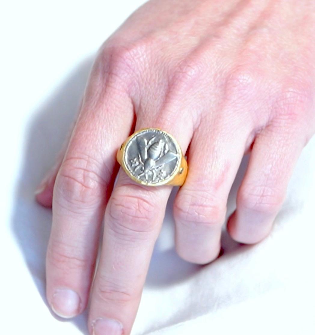 Ancient, Sterling Bee Coin Dome Comfort Fit Ring w/ Diamonds Hammered 24K Gold For Sale 3