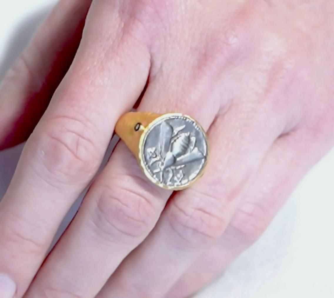 Ancient, Sterling Bee Coin Dome Comfort Fit Ring w/ Diamonds Hammered 24K Gold For Sale 4
