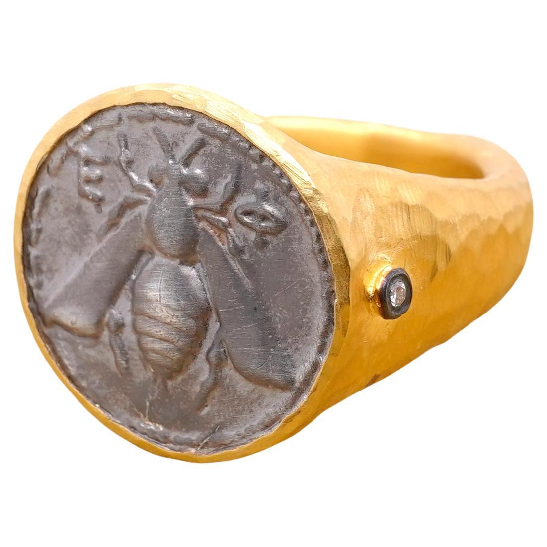 Byzantine Ancient, Sterling Bee Coin Dome Comfort Fit Ring w/ Diamonds Hammered 24K Gold For Sale