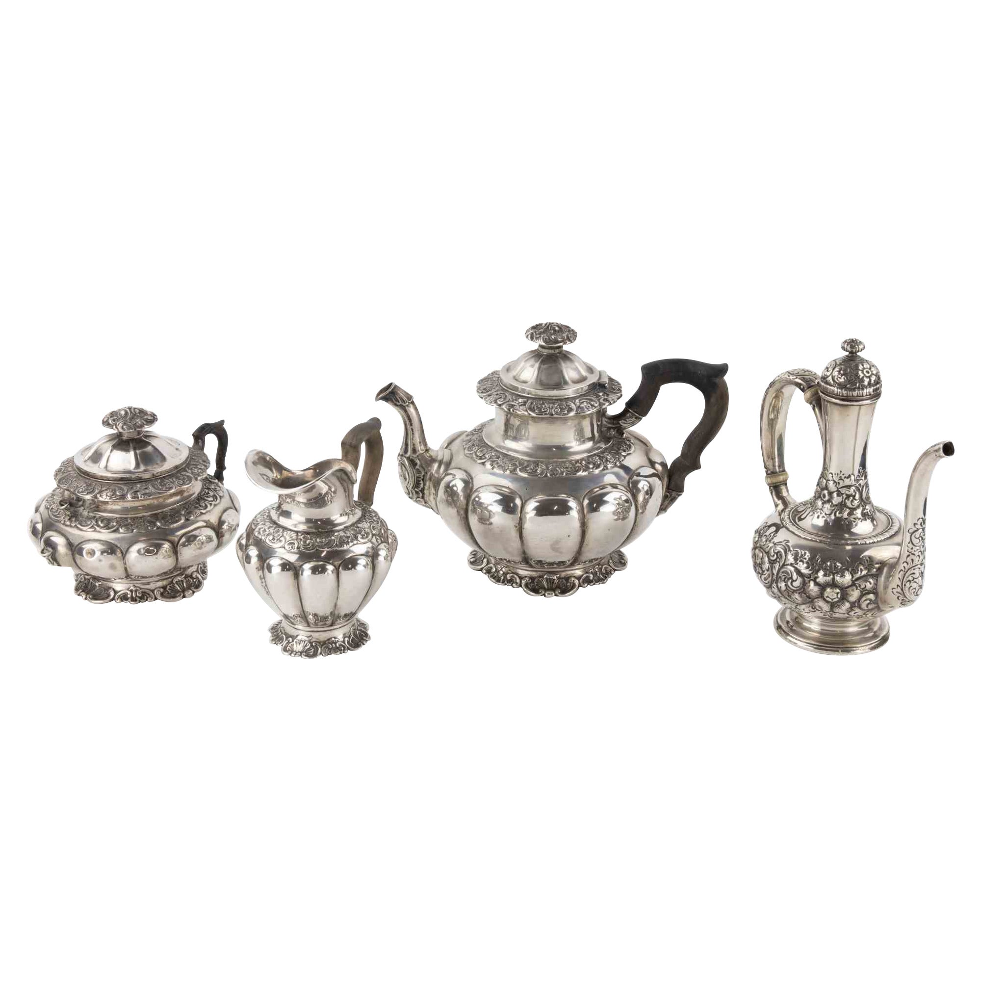 Service à café et à thé ancien en argent sterling, Italie, XIXe siècle en vente