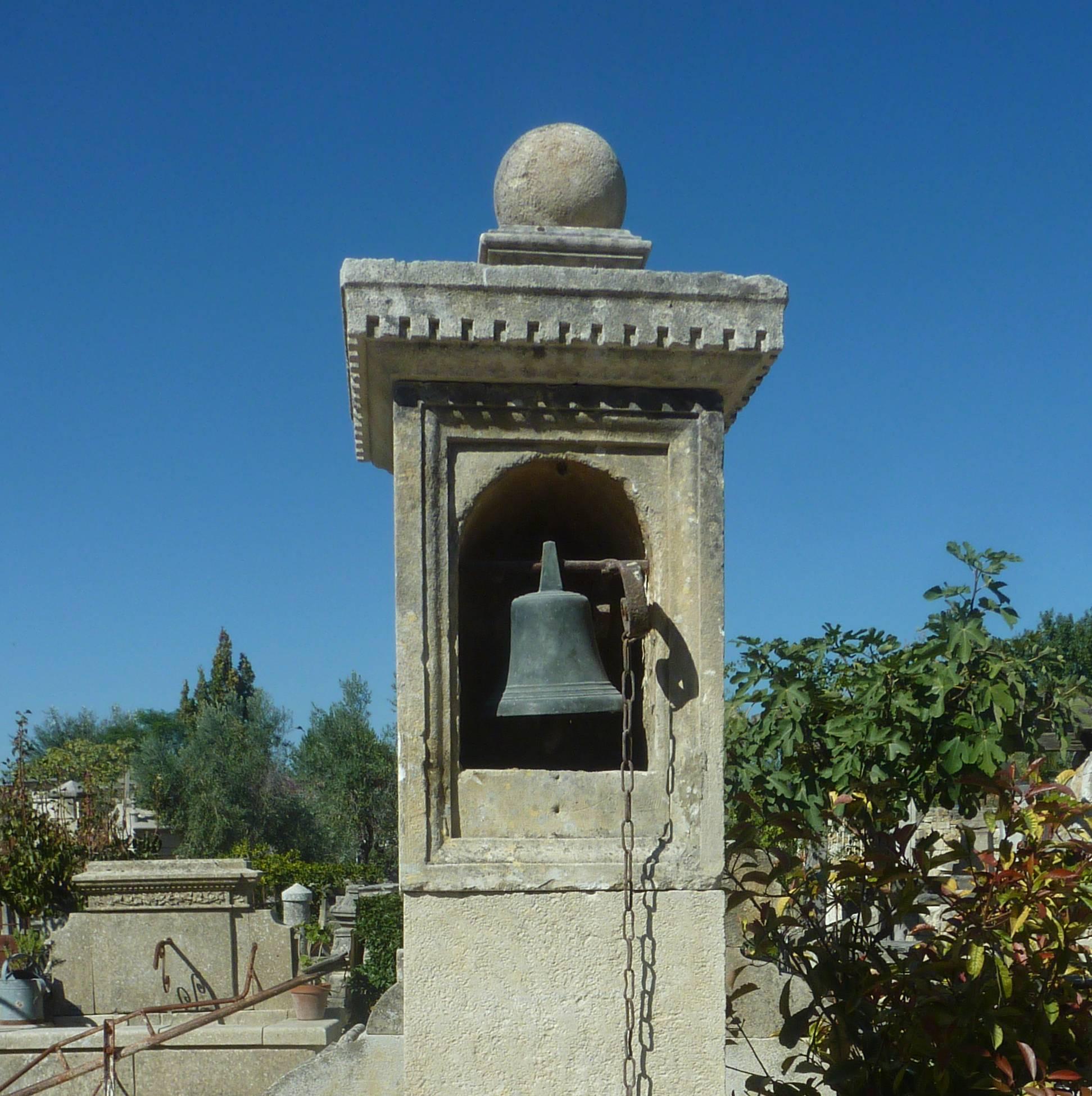 French Ancient Stone Pillar with Small Antique Brass Bell Fitted in a Niche, Provence